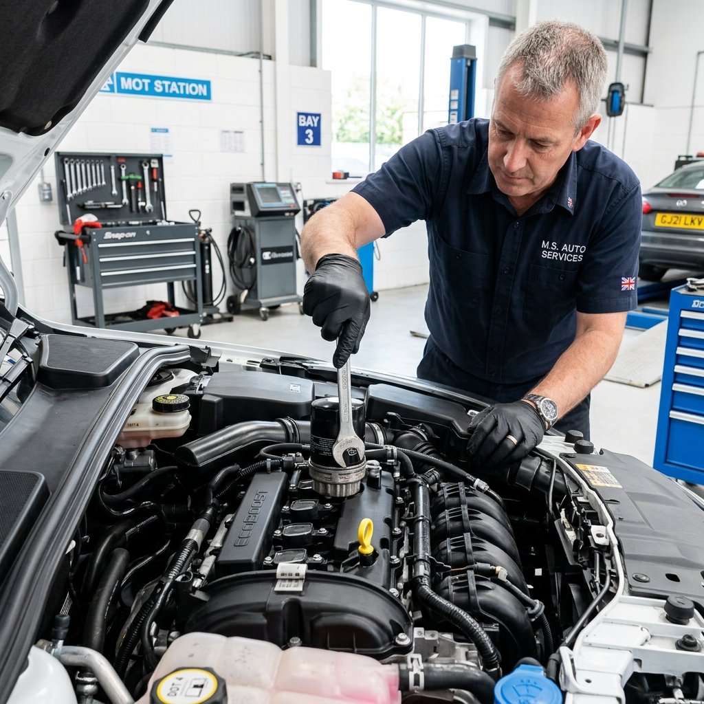 Professional mechanic performing an oil change and full engine service on a passenger car