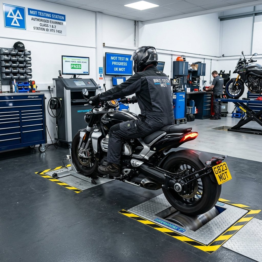 Sleek modern cruiser motorcycle undergoing brake and safety testing inside a UK MOT station